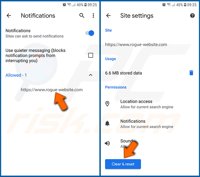 Désactivation des notifications du navigateur dans le navigateur Chrome du système d'exploitation Android (étape 3)