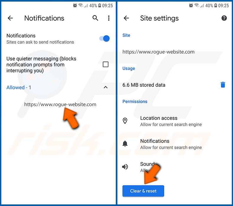 Désactivation des notifications du navigateur dans le navigateur Chrome du système d'exploitation Android (étape 3)