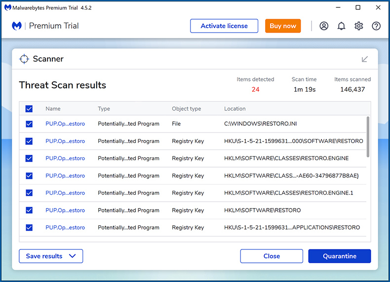 Résultats de l'analyse Malwarebytes Premium
