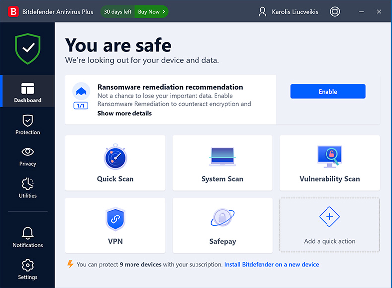 Fenêtre initiale de Bitdefender Antivirus Plus