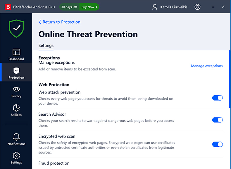 Protection contre les menaces en ligne Bitdefender Antivirus Plus