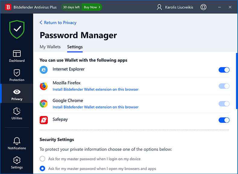 Gestionnaire de mots de passe Bitdefender Antivirus Plus