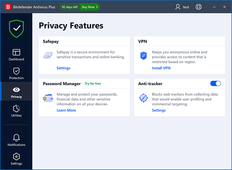 Bitdefender Antivirus Plus fonctionnalités de confidentialité