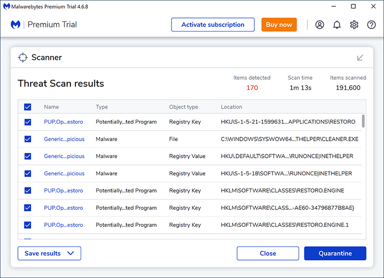 Malwarebytes Premium 2024 résultats de l'analyse