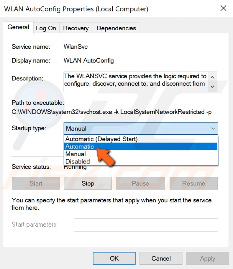 changer le type de démarrage du service wlan autoconfig étape 3