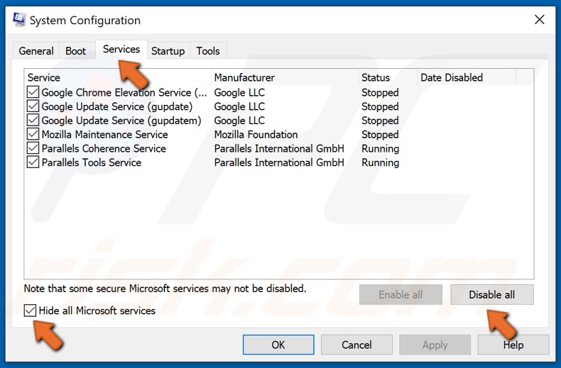 Cochez la case Masquer tous les services Microsoft et cliquez sur Désactiver tout