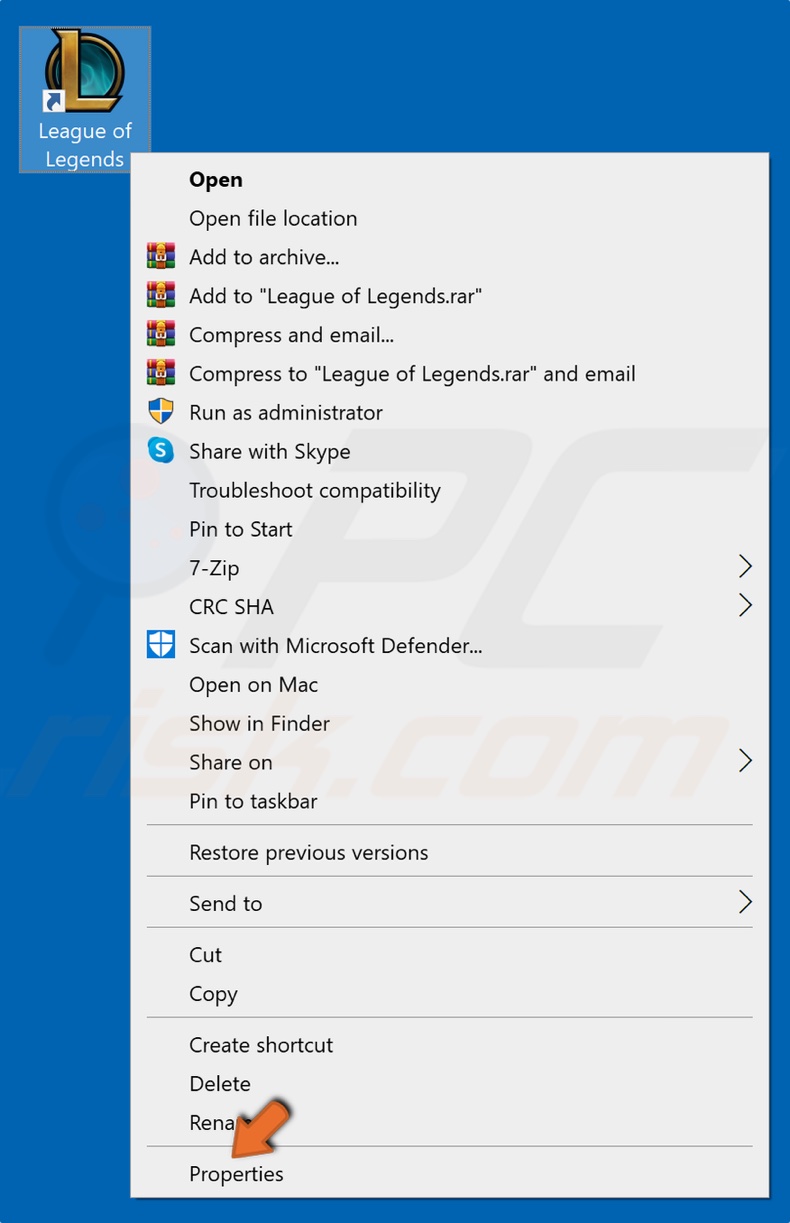Faites un clic droit sur l'icône League of Legends et cliquez sur Propriétés