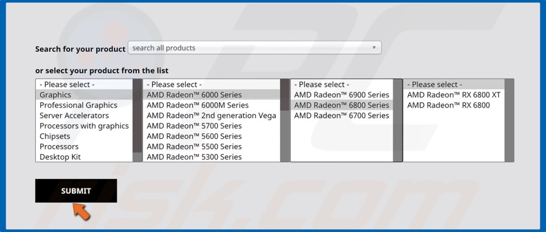 Sélectionnez votre carte graphique AMD et cliquez sur Soumettre