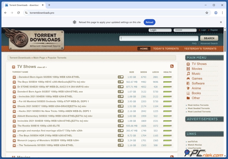 Page d'accueil de TorrentDownloads