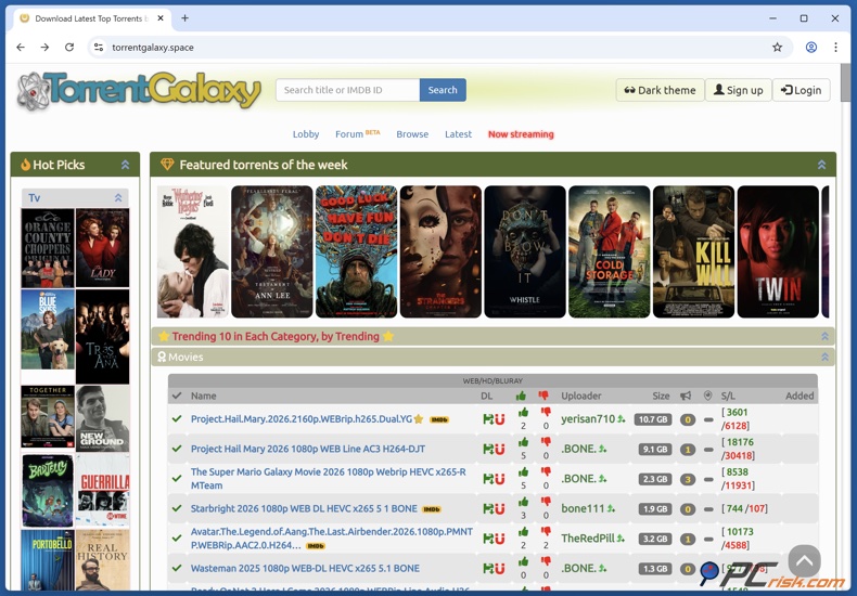 Page d'accueil de TorrentGalaxy