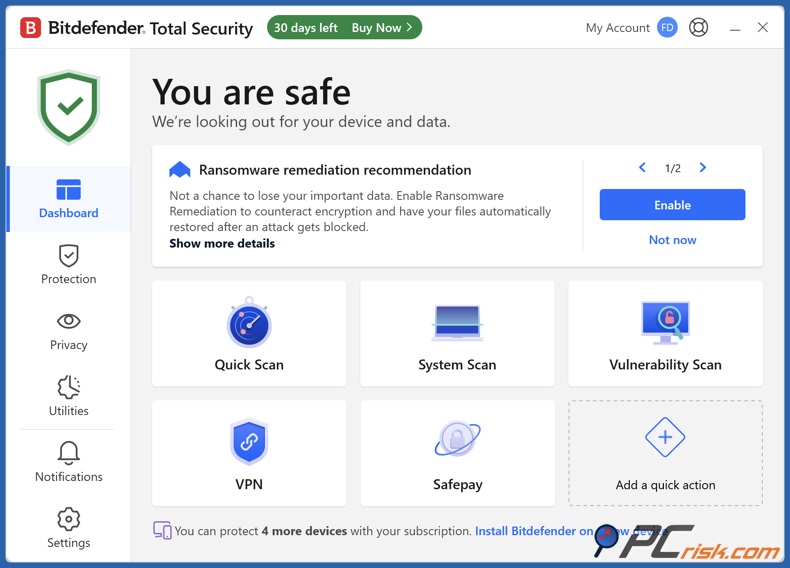 Tableau de bord Bitdefender