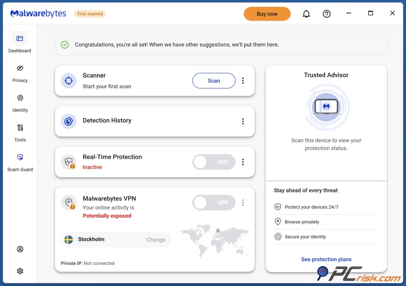 Tableau de bord Malwarebytes