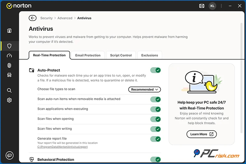 Tableau de bord antivirus Norton