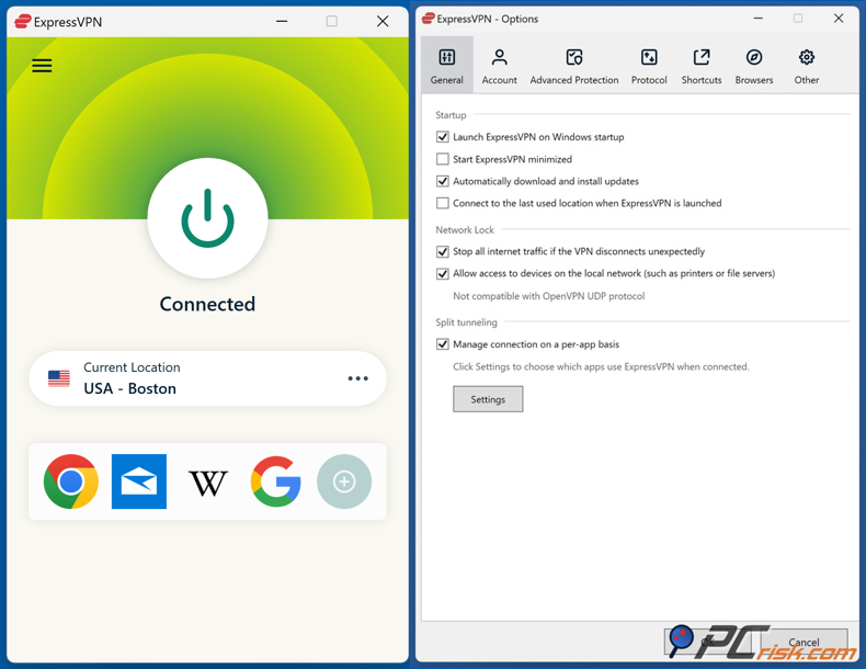 Tableau de bord ExpressVPN