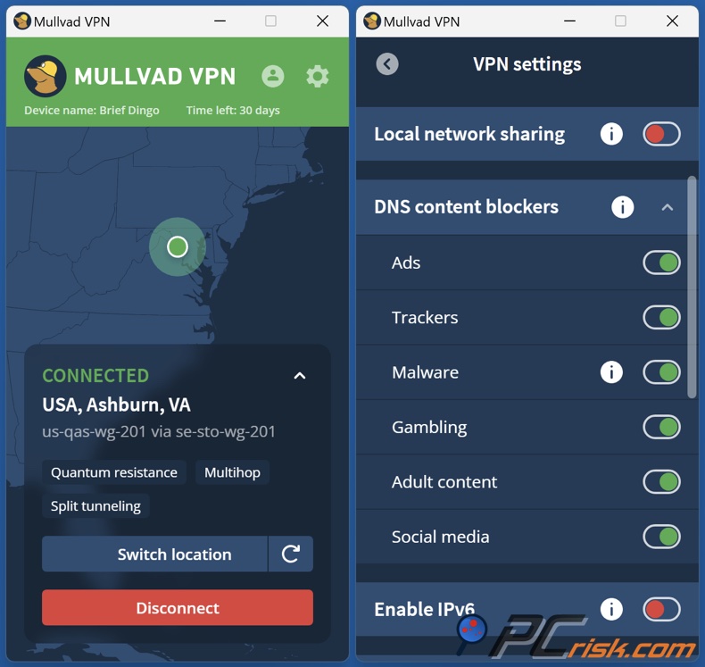 Tableau de bord Mullvad VPN