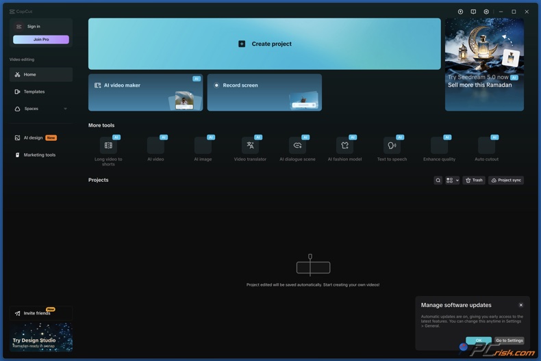 Tableau de bord de CapCut pour Windows