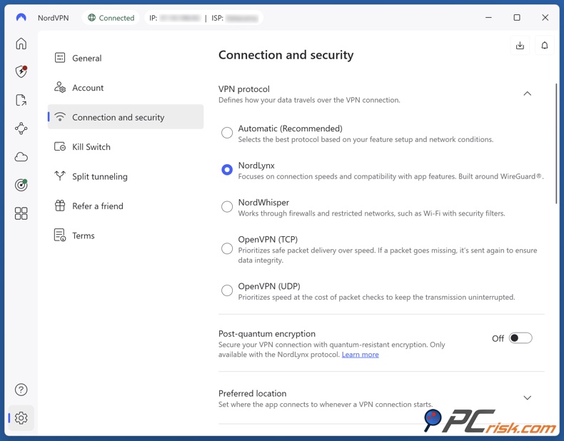 Sélectionnez le protocole NordLynx