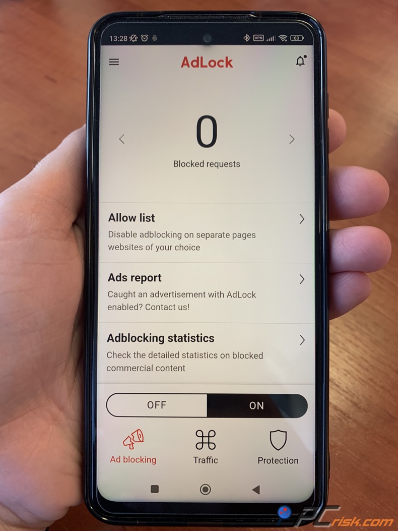 tableau de bord AdLock sur Android