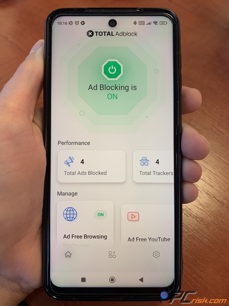 écran d'accueil Total Adblock sur Android