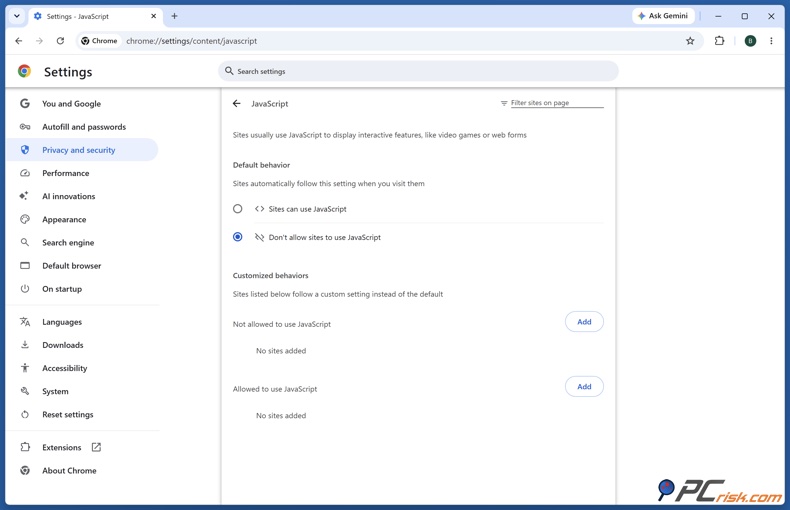 Paramètres JavaScript de Chrome