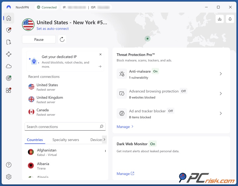 NordVPN connecté à un serveur basé aux États-Unis