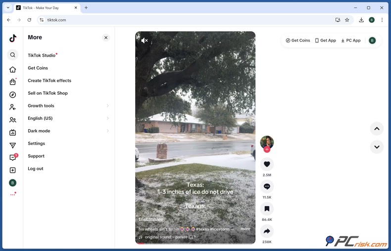 Menu latéral TikTok et bouton « Obtenir des pièces »
