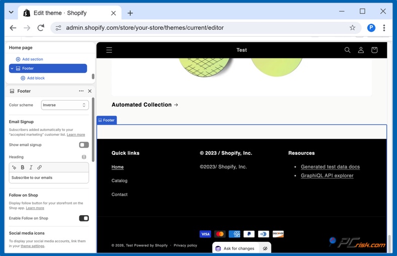 Options de paiement dans le pied de page Shopify