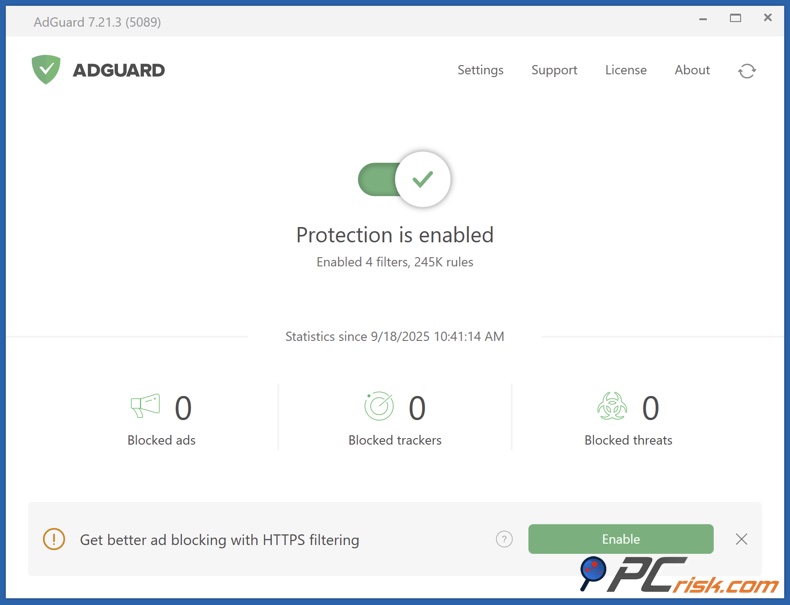 Tableau de bord AdGuard sous Windows