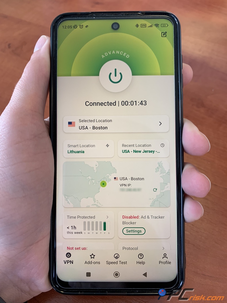 Tableau de bord ExpressVPN pour Android
