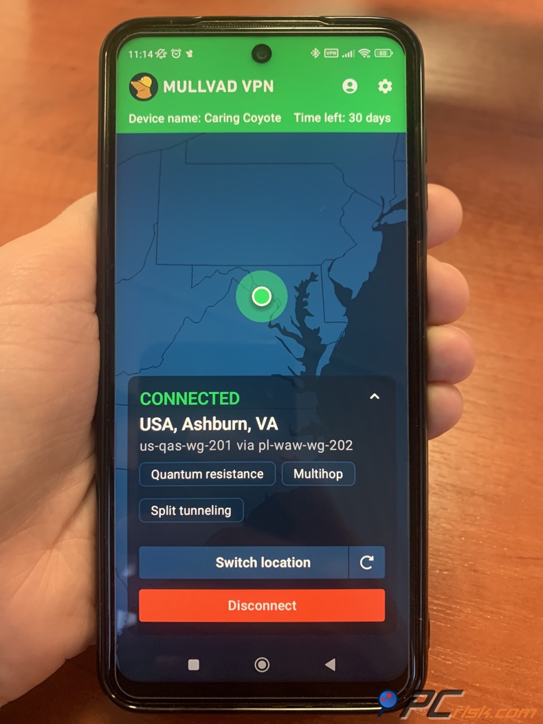 Tableau de bord Mullvad VPN pour Android
