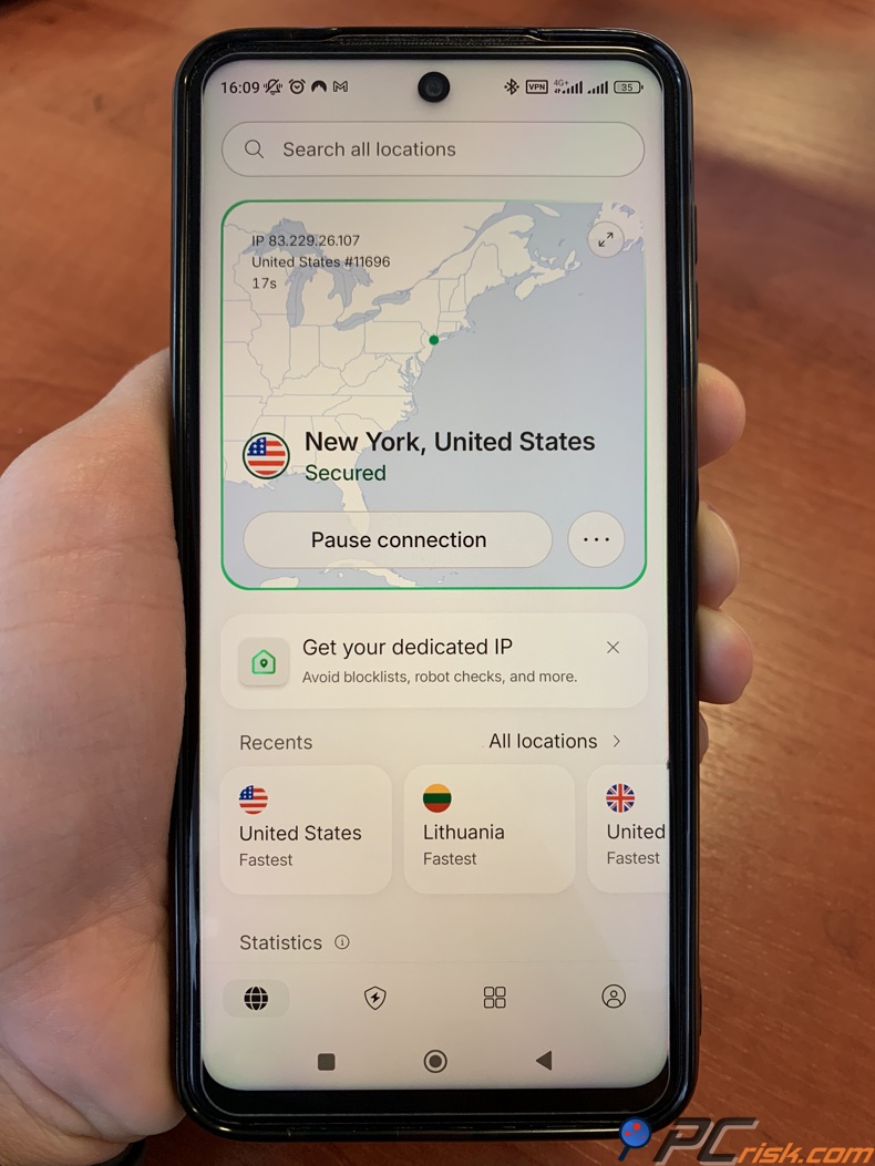 NordVPN connecté à un serveur aux États-Unis