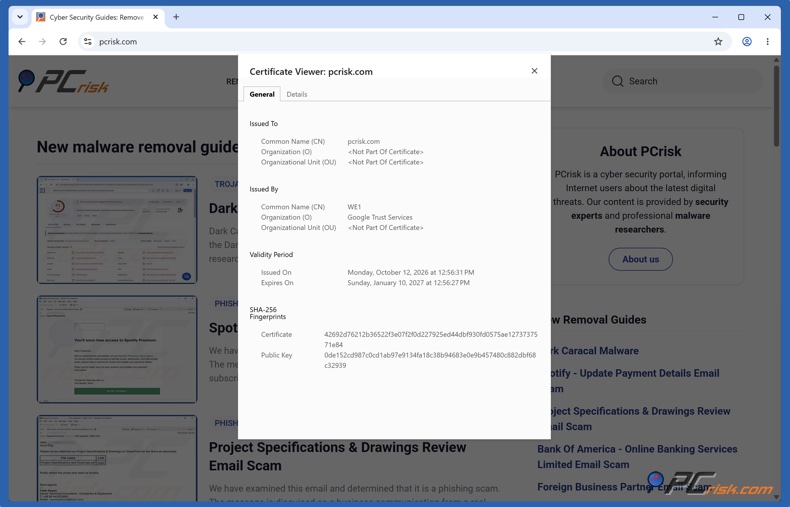 Détails du certificat SSL dans Chrome