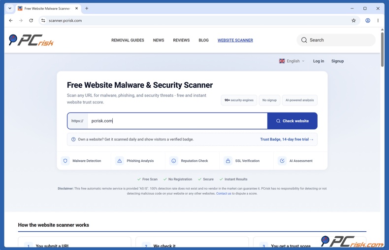 Page d'accueil du PCrisk Website Scanner