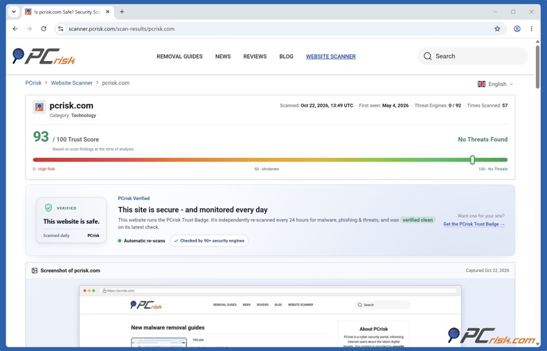 Résultats d'analyse du PCrisk Website Scanner