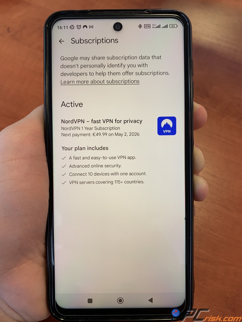 Informations d'abonnement NordVPN dans le Google Play Store