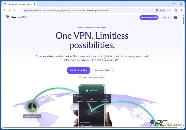 Page d'accueil de Proton VPN