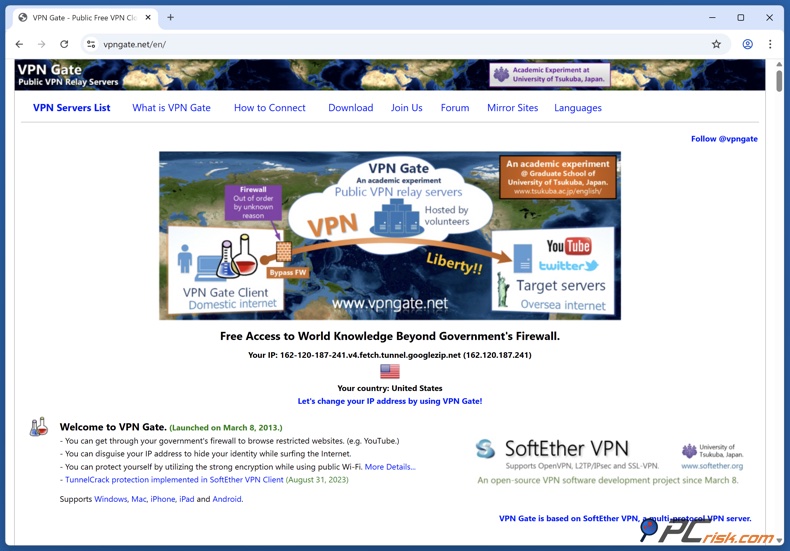Page d'accueil de VPN Gate