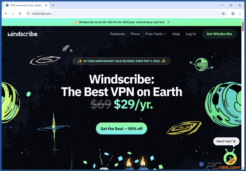 Page d'accueil de Windscribe
