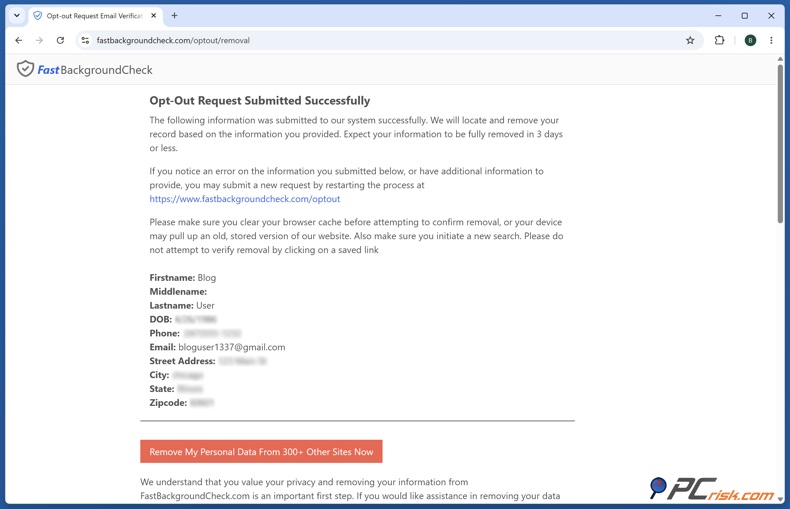 Opt out request submited successfully
