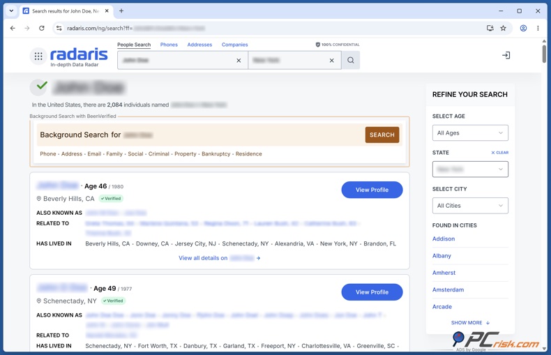 Résultats de recherche de profil Radaris