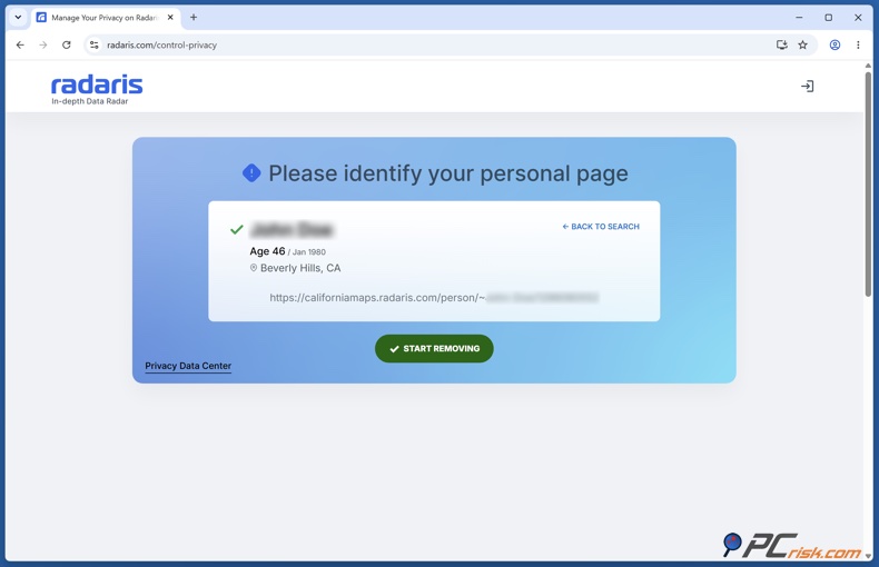 Identification de la page personnelle Radaris