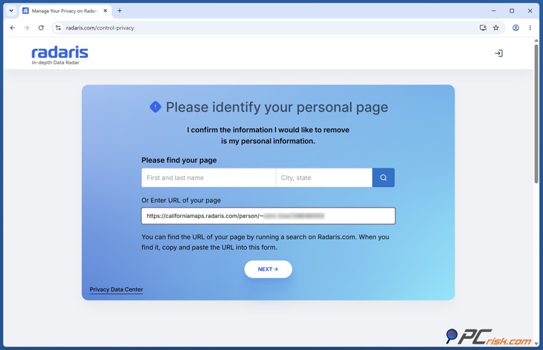 URL de la page personnelle Radaris