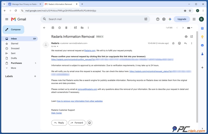 E-mail de vérification Radaris