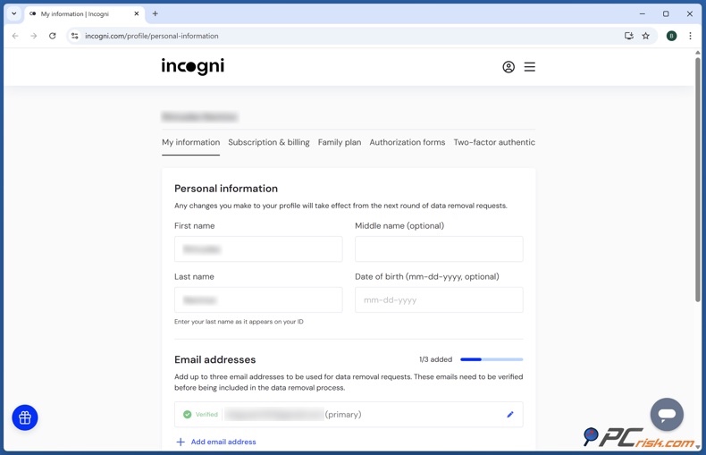 Informations personnelles Incogni