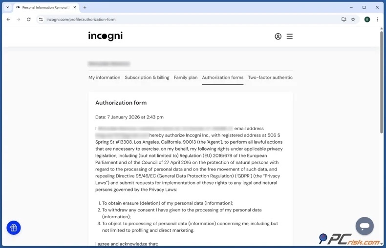 Formulaire d'autorisation d'Incogni