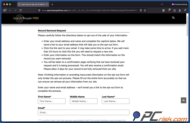 Page de désinscription de SearchPeopleFREE