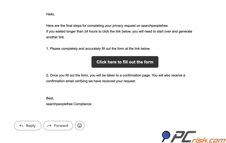 E-mail de désinscription de SearchPeopleFREE