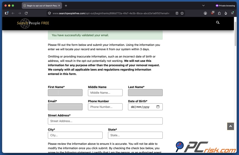 Formulaire de désinscription de SearchPeopleFREE