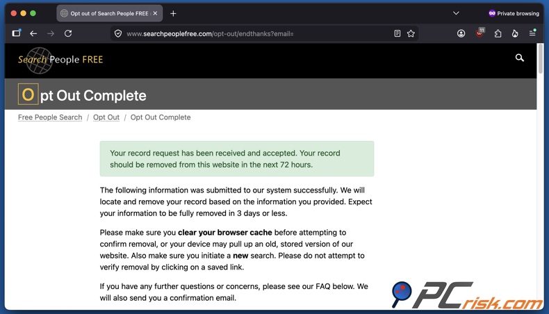 Demande de désinscription de SearchPeopleFREE acceptée