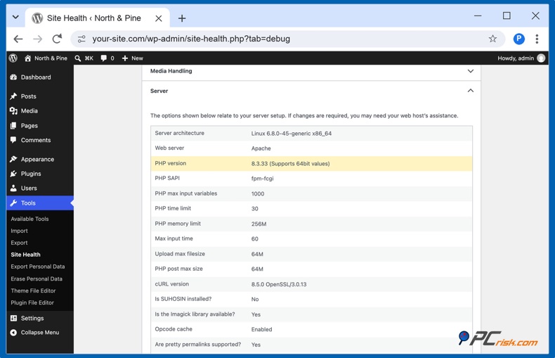 Version PHP dans la Santé du site WordPress